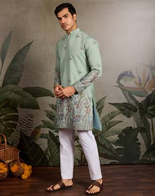 Pista green viscose silk thread with sequence embroidered work kurta only 2