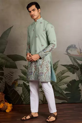 Pista green viscose silk thread with sequence embroidered work kurta only