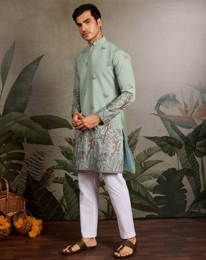 Pista green viscose silk thread with sequence embroidered work kurta only