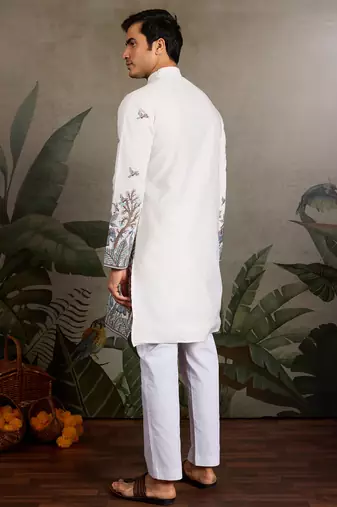 White viscose silk thread with sequence embroidered work kurta only