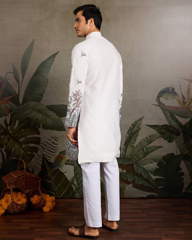 White viscose silk thread with sequence embroidered work kurta only