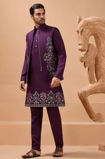 Purple viscose silk multi thread with sequence embroidered work kurta jacket & bottom