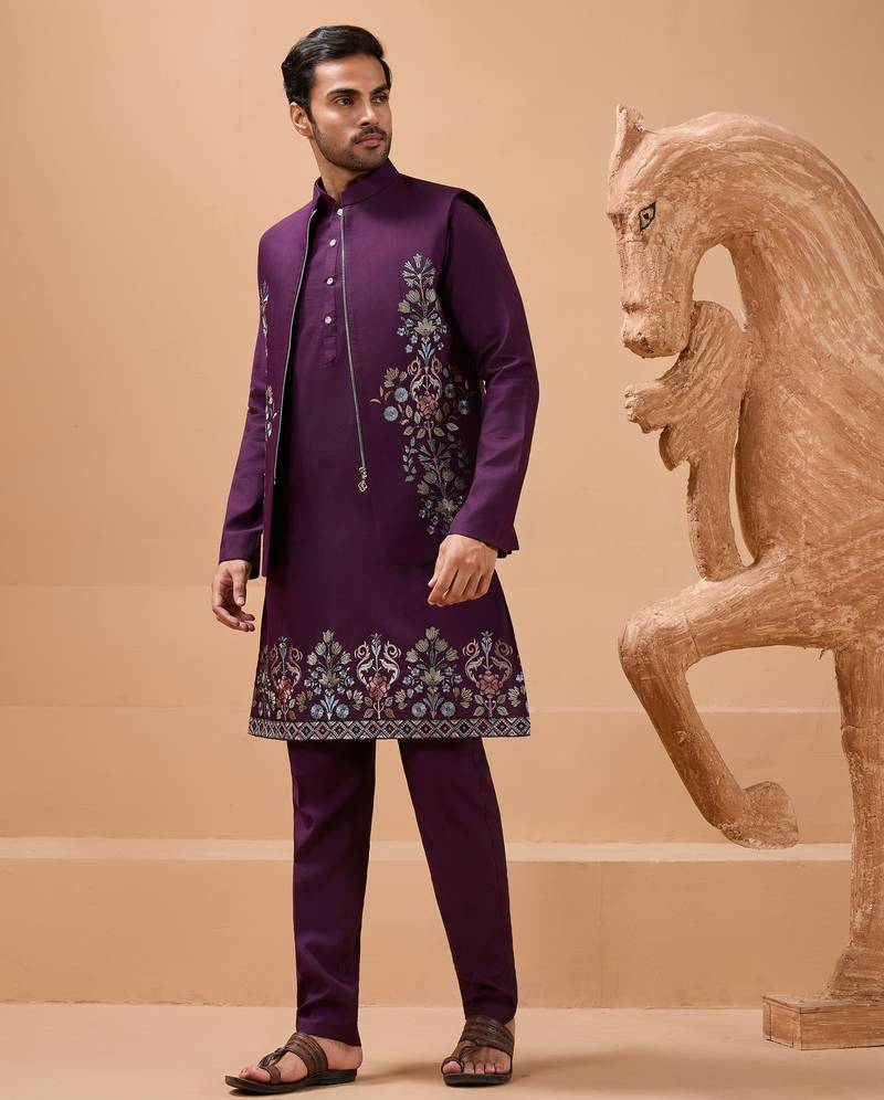 Purple viscose silk multi thread with sequence embroidered work kurta jacket & bottom