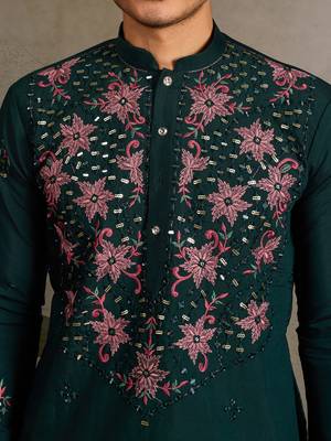 Green viscose silk real mirror with thread & sequence embroidered work kurta only 5