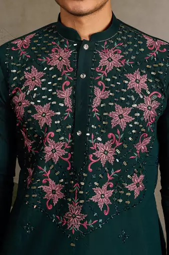 Green viscose silk real mirror with thread & sequence embroidered work kurta only