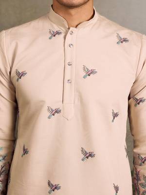 Beige viscose silk thread with sequence embroidered work kurta only 5