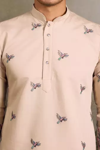 Beige viscose silk thread with sequence embroidered work kurta only