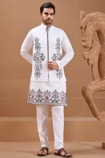 White viscose silk multi thread with sequence embroidered work kurta jacket & bottom