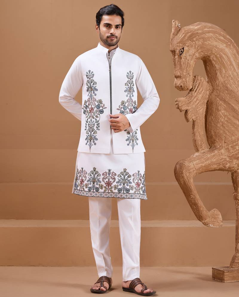 White viscose silk multi thread with sequence embroidered work kurta jacket & bottom