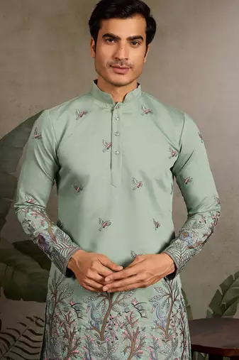 Pista green viscose silk thread with sequence embroidered work kurta only