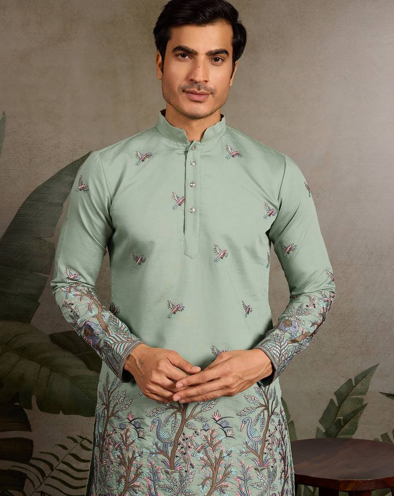 Pista green viscose silk thread with sequence embroidered work kurta only