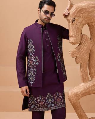 Purple viscose silk multi thread with sequence embroidered work kurta jacket & bottom 3