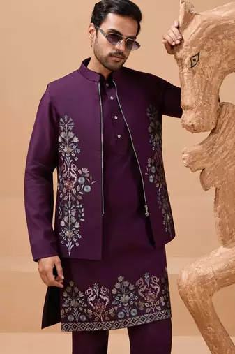 Purple viscose silk multi thread with sequence embroidered work kurta jacket & bottom