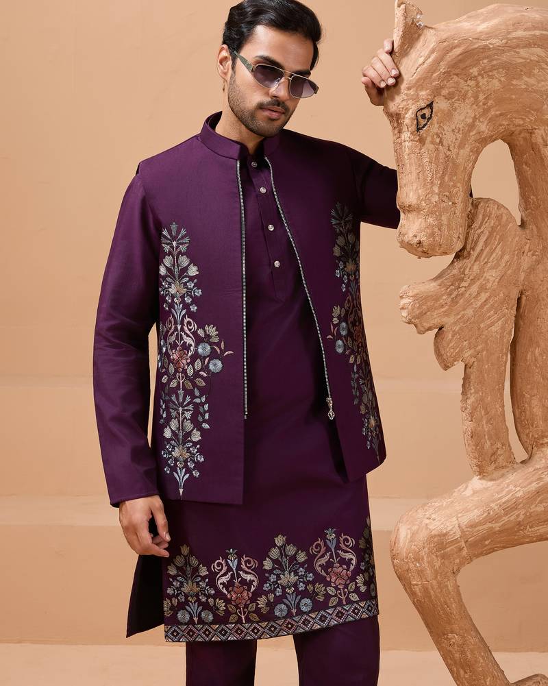 Purple viscose silk multi thread with sequence embroidered work kurta jacket & bottom