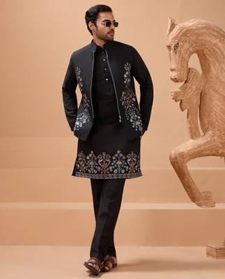 Black viscose silk multi thread with sequence embroidered work kurta jacket & bottom 2
