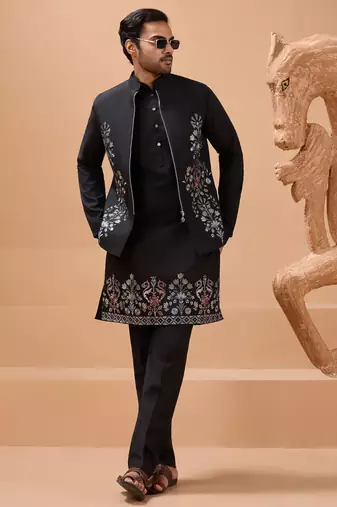 Black viscose silk multi thread with sequence embroidered work kurta jacket & bottom
