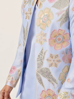 Sky blue satin silk thread with sequence embroidered work kurta jacket & bottom 3