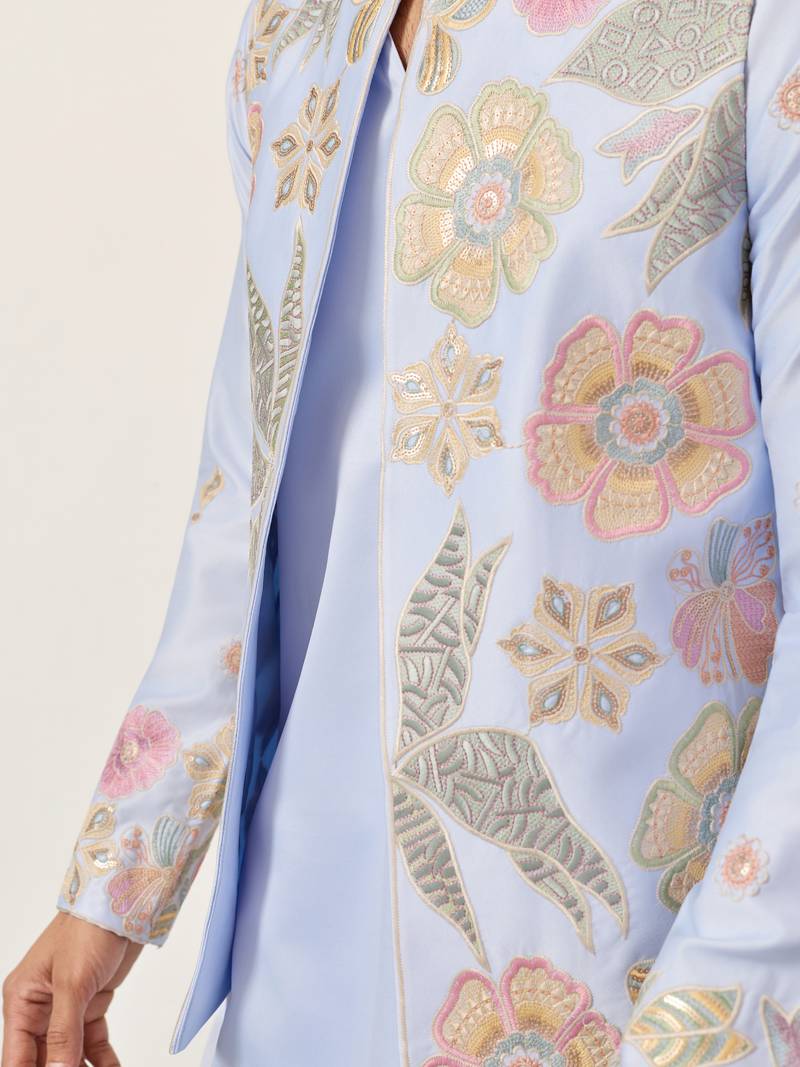 Sky blue satin silk thread with sequence embroidered work kurta jacket & bottom