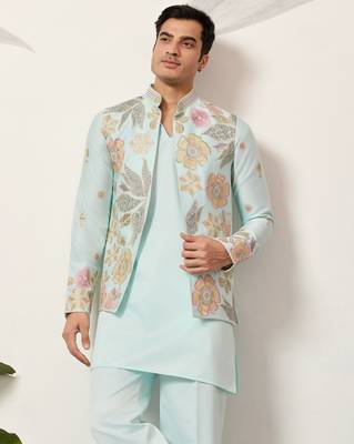 Pista green satin silk thread with sequence embroidered work kurta jacket & bottom 2