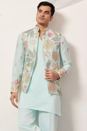 Pista green satin silk thread with sequence embroidered work kurta jacket & bottom