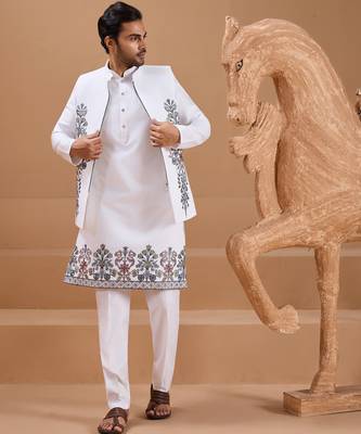 White viscose silk multi thread with sequence embroidered work kurta jacket & bottom 2