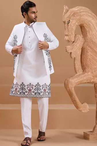 White viscose silk multi thread with sequence embroidered work kurta jacket & bottom