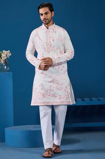 White viscose silk thread with sequence embroidered work kurta only