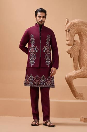 Maroon viscose silk multi thread with sequence embroidered work kurta jacket & bottom