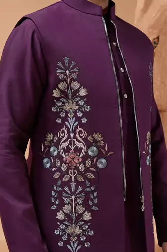 Purple viscose silk multi thread with sequence embroidered work kurta jacket & bottom
