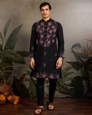 Black viscose silk real mirror with thread & sequence embroidered work kurta only 1