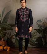 Black viscose silk real mirror with thread & sequence embroidered work kurta only