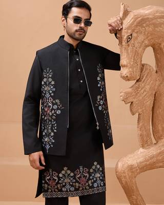 Black viscose silk multi thread with sequence embroidered work kurta jacket & bottom 3