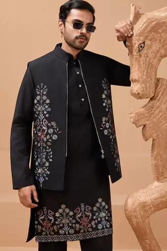 Black viscose silk multi thread with sequence embroidered work kurta jacket & bottom