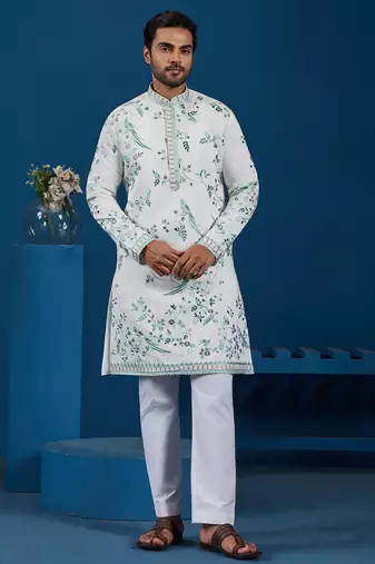 White viscose silk thread with sequence embroidered work kurta only