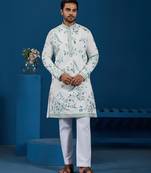 White viscose silk thread with sequence embroidered work kurta only