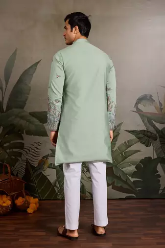 Pista green viscose silk thread with sequence embroidered work kurta only