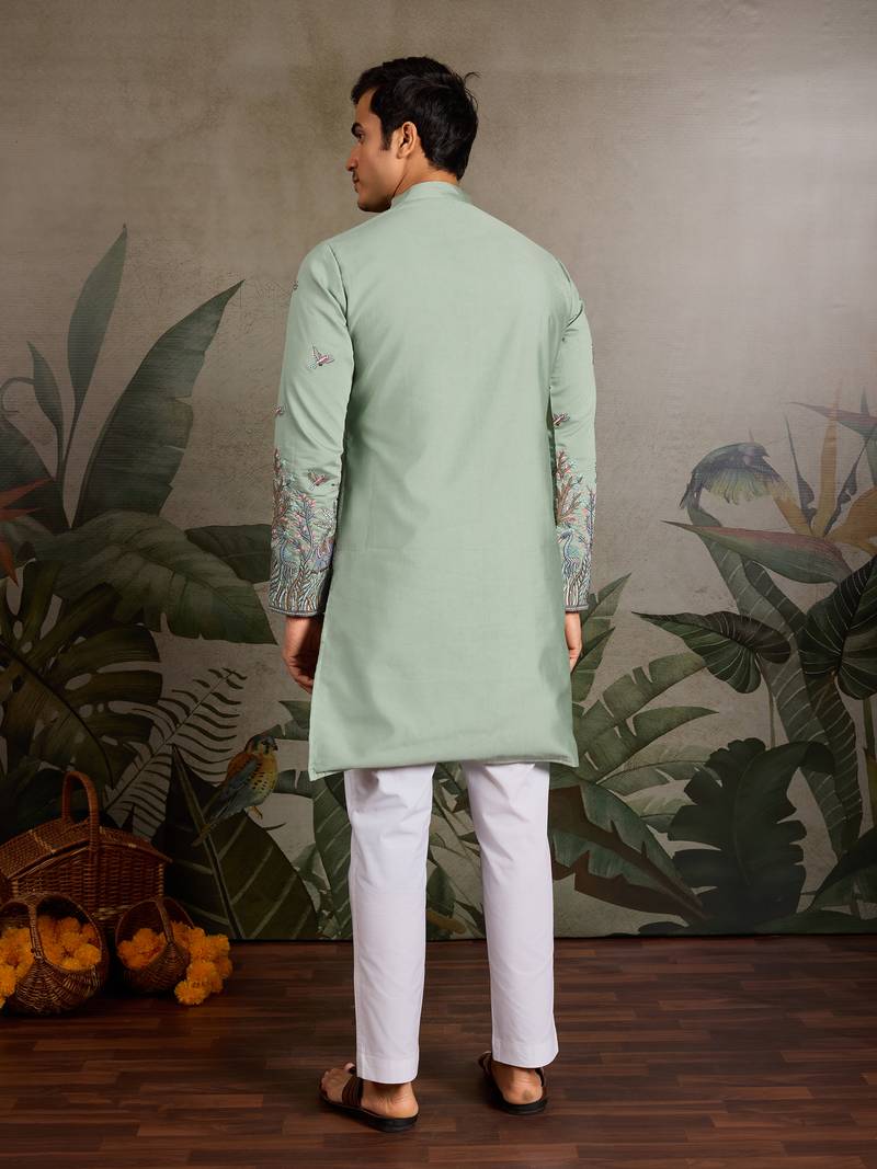 Pista green viscose silk thread with sequence embroidered work kurta only