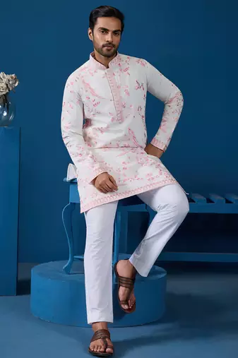 White viscose silk thread with sequence embroidered work kurta only