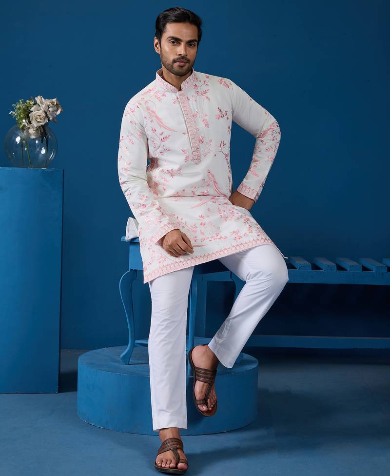 White viscose silk thread with sequence embroidered work kurta only