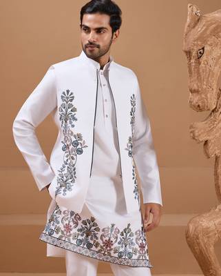 White viscose silk multi thread with sequence embroidered work kurta jacket & bottom 3