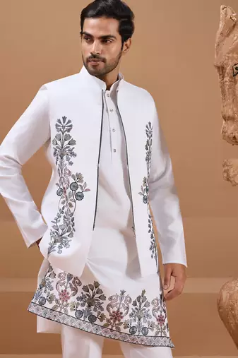 White viscose silk multi thread with sequence embroidered work kurta jacket & bottom