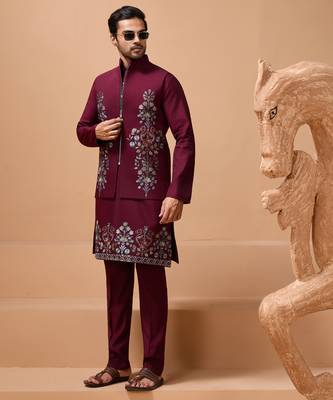 Maroon viscose silk multi thread with sequence embroidered work kurta jacket & bottom 2