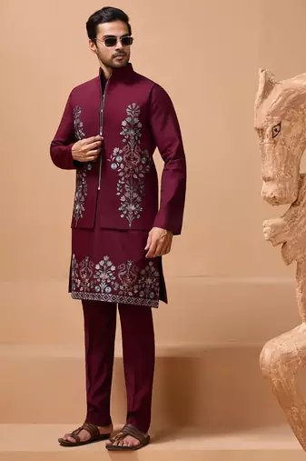 Maroon viscose silk multi thread with sequence embroidered work kurta jacket & bottom