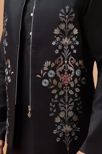 Black viscose silk multi thread with sequence embroidered work kurta jacket & bottom