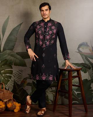 Black viscose silk real mirror with thread & sequence embroidered work kurta only 2