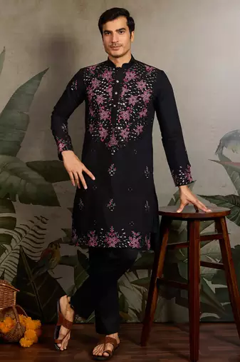Black viscose silk real mirror with thread & sequence embroidered work kurta only