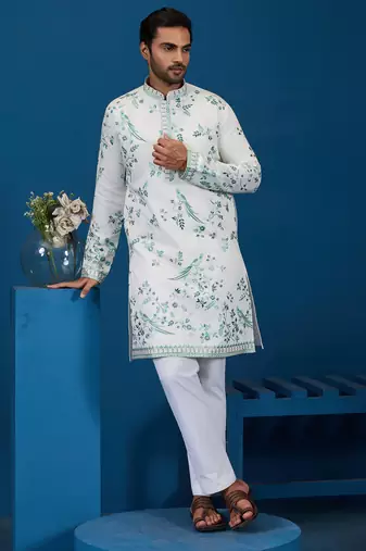 White viscose silk thread with sequence embroidered work kurta only