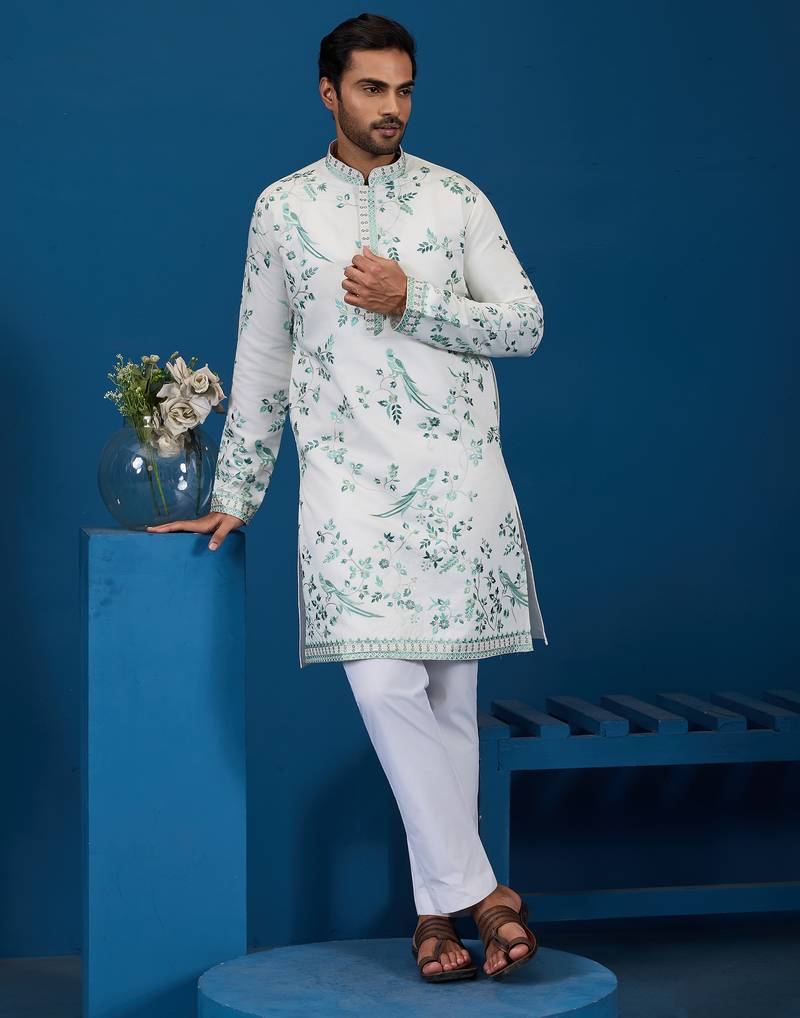 White viscose silk thread with sequence embroidered work kurta only