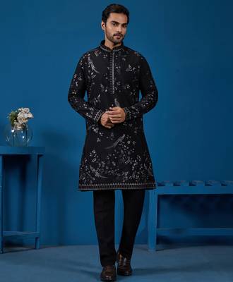 Black viscose silk thread with sequence embroidered work kurta only 1