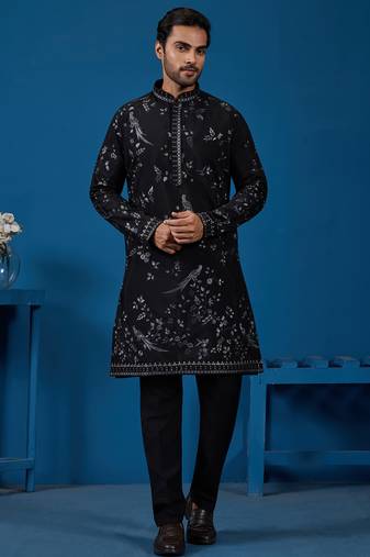 Black viscose silk thread with sequence embroidered work kurta only